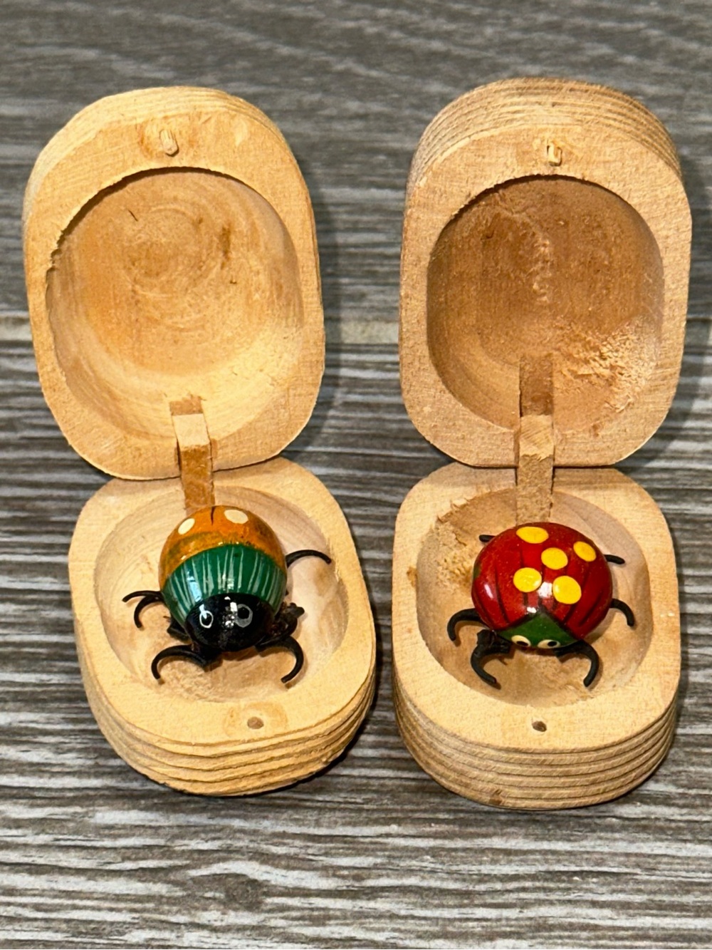 Vintage Set Of 2 Wooden Bug Beetle Moving Legs Carved Nut Box Whimsical Toy